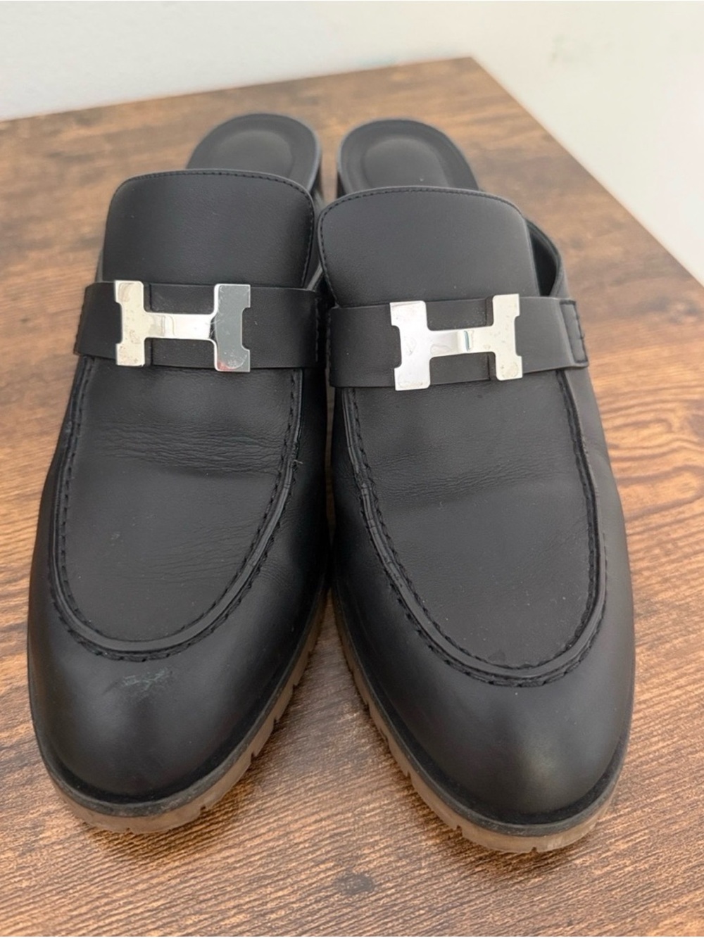 Hermes Black Leather Mule Clogs with Silver H Hardware